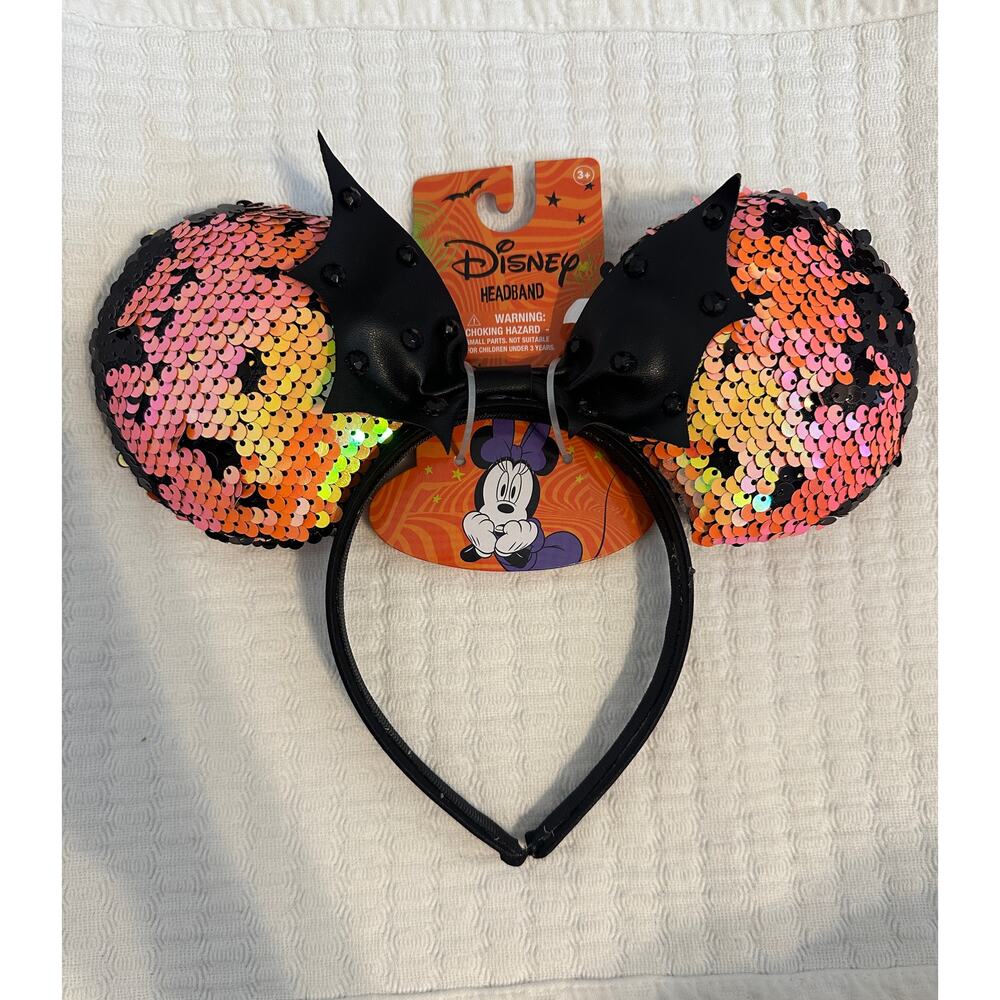 NWT Disney Minnie Mouse Sequin Faux Leather Batwing Black Orange Halloween Ears